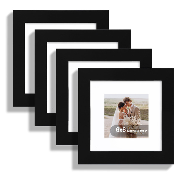 Hongkee 6x6 Picture Frame Set of 4, Made of Real Glass and Black Wooden Frame - Display Picture 4x4 with Mat or 6 x 6 Without Mat, 6x6 Photo for Wall or Tabletop