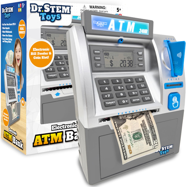 Dr. STEM Toys - Kids ATM Savings Bank – Electronic Piggy Bank with Bill Feeder, Coin Counter, and LCD – Educational STEM Toy for Children 5-12