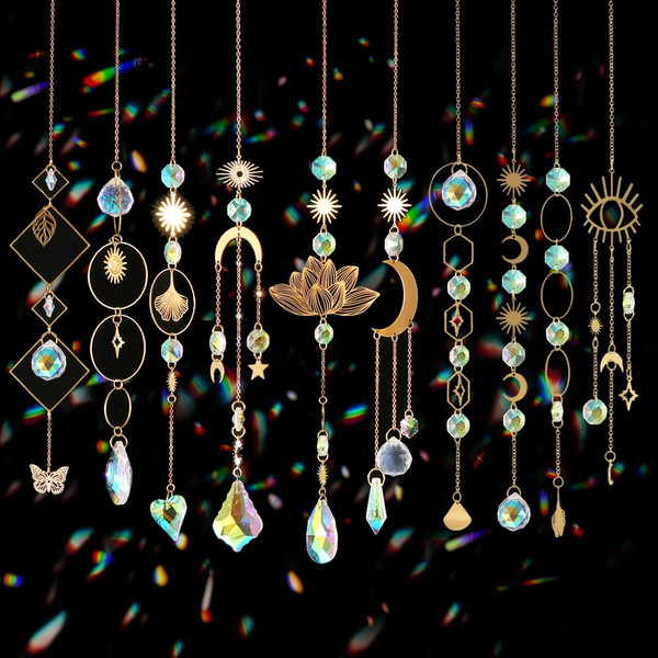 Sun Catchers, 10 Pieces Colorful Crystal Suncatcher with Chain Pendant Ornaments Hanging Crystals Prism Rainbow Maker for Windows Indoor Outdoor Car Mirror Garden Decor Wedding Party Xmas Gift