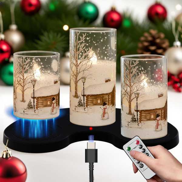 DRomance Snowman Glass Flameless Candles Rechargeable Battery Operated with Remote and Timer Real Wax LED Flickering Pillar Candles White Cold Light Window Christmas Holiday Decor D3 x 4",5",6"