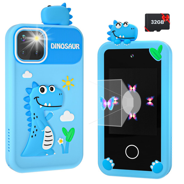 Kids Smart Phone for Boys with 32G Card & Holographic Pyramid, Christmas Birthday Gifts for Age 3-10 Kids Toys Cell Phone, 2.8" Touchscreen Toddler Learning Toy, Dual Lens, Music Player(Blue Dinosaur)