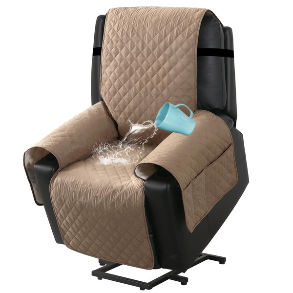 H.VERSAILTEX 100% Waterproof Electric Power Lift Recliner Cover for Elderly Non Slip Power Lift Recliner Chair Covers with Side Pocket Washable Large Recliner Covers, Khaki