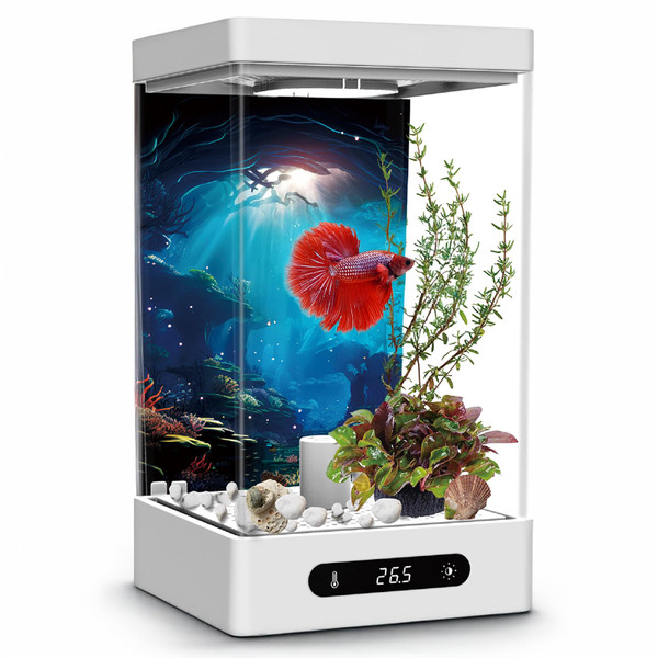 Small Shrimp Tank, 0.42 Gal Mini Fish Tank, Smart Automatic Heating, Easy Water Change Valve, and Energy-Efficient LED Lighting - Perfect for Office, Home, and Bedrooms, Single Betta Fish Only