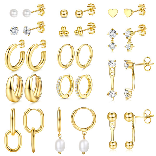 Hypoallergenic Gold Stud Hoop Earrings for Women Lightweight Small 14K Gold Plated Chunky Huggie Hoops Surgical Stainless Steel Stud Earring Dainty Cartilage Earrings Stacks for Women Jewelry Gifts