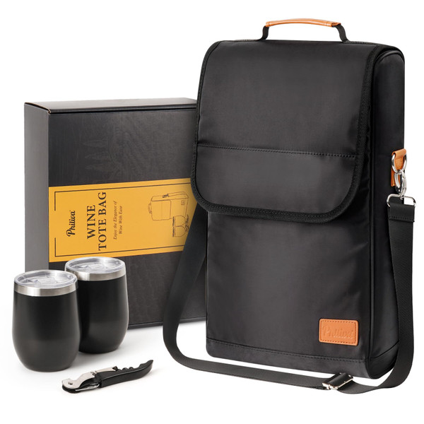 Philiva 3 Bottle Wine Tote Bag with Tumblers and Opener, Portable Wine Carrier Purse for Travel/Picnic/Beach/Pool/Events/Hiking, Black