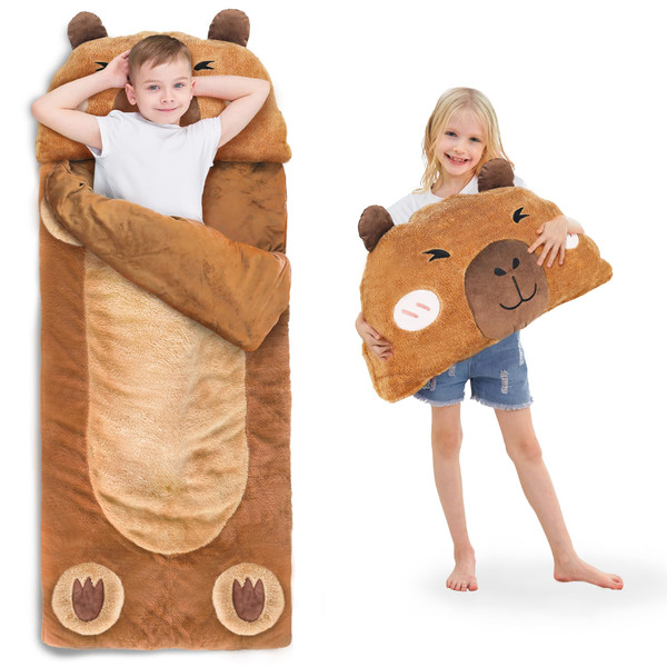 iPlay, iLearn Kid Sleeping Bag, Plush Capybara Slumber Bag, Toddler Girl Boy Nap Mat, 2 In 1 Brown Animal Pillow, Happy Travel Sleepover Daycare Preschool Birthday Gift for Age 3 4 5 6 7 8 10 12 Child
