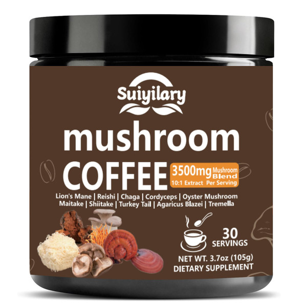 10 Mushroom Coffee with Arabica w, Lion's Mane, Reishi, Mushroom Polysaccharides & More, 3500mg(10:1) Extract Instant Mushrooms Powder for Focus, Immunity Boost, Memory & Clarity - 30 Servings