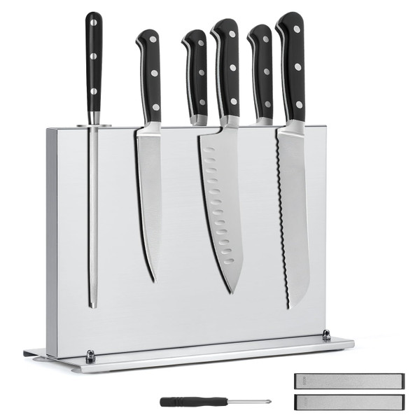 Kirumie Magnetic Knife Holder, Stainless Steel Magnetic Knife Block with Sharpener, Double Sided Strong Magnet Knife Storage for Kitchen Counter, Anti-movement Suction Cup Base