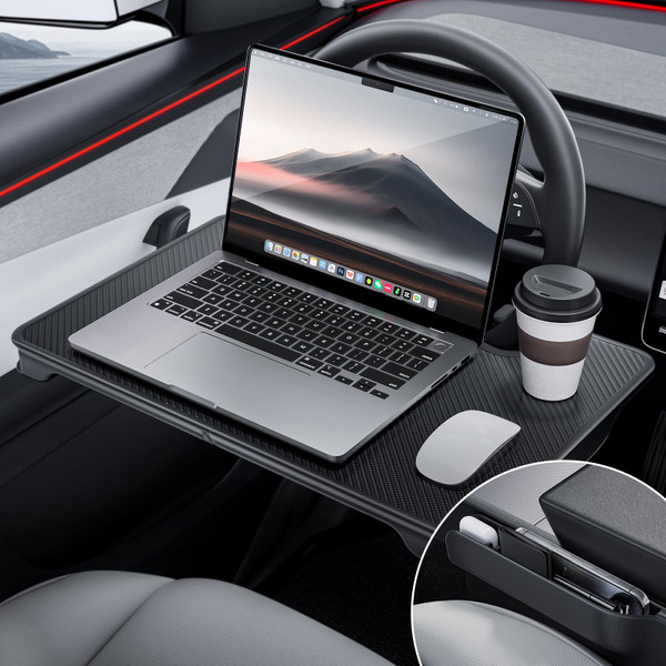 YONZEE 2-in-1 Car Steering Wheel Desk Tray & Car Seat Gap Filler Organizer – Foldable Carbon Fiber Look Table for Laptop, Eating Food, Writing – Universal Fit for Most Vehicles