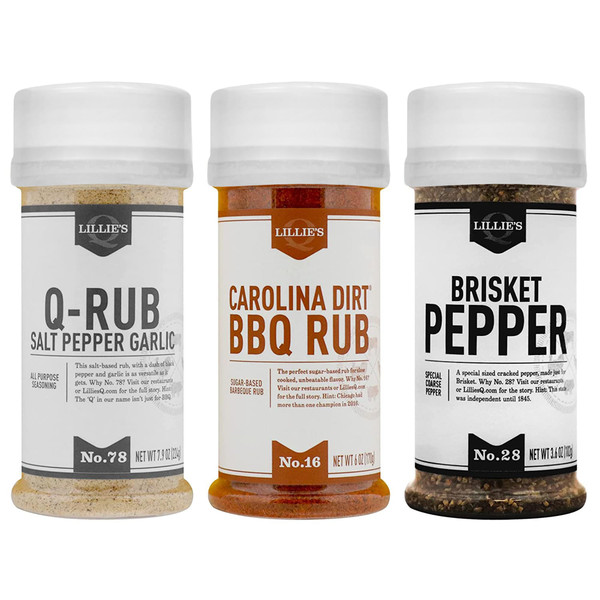 Lillie’s Q - Rub Trio, BBQ Rub Sampler, Barbeque Rubs & Spices, Rub Seasoning Set Includes Carolina Dirt (6 oz), Q-Rub (7.9 oz), & Brisket Pepper (3.6 oz) | 3-Pack
