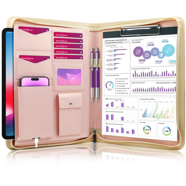 Darolin [Zippered] Portfolio Padfolio Organizer Binder with Clipboard, Leather Business Interview Resume Document Holder Folder Planner Organizer for Office Conference Notepad Bag for Women - RoseGold
