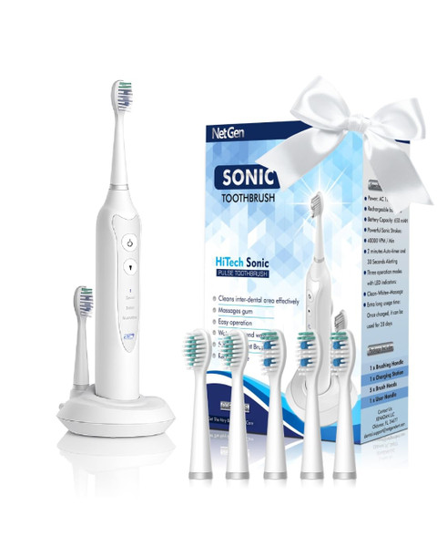 Sonic Electric Toothbrush for Adults with 5 Toothbrush Replacement Heads, 3 Brushing Modes & 2 Minutes Built-in Timer, Travel Toothbrushes with Inductive Charging, Rechargeable toothbrush | White