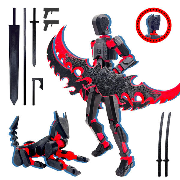 ROBTDUUMY T13 3D Action Figure Set (Assembly Completed),Dummy Robot Titan 13 Action Figures,3D Printed Toys Multi-Jointed Movable (Black/Red)