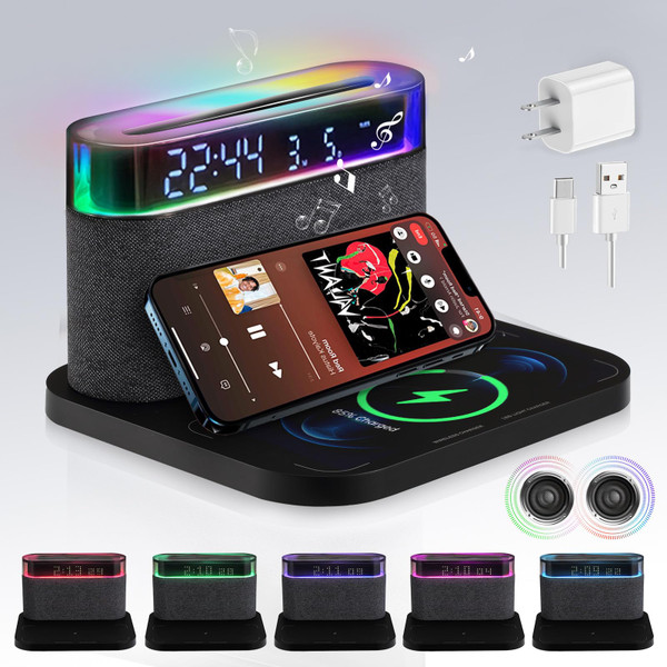 VALUEAGLE Bluetooth Alarm Clock with Wireless Charging,6-in-1 Alarm Clocks for bedrooms Alarm Clock Bluetooth Speaker Wireless Charging, 3 Level Brightness&Colorful Light,Snooze(Black)
