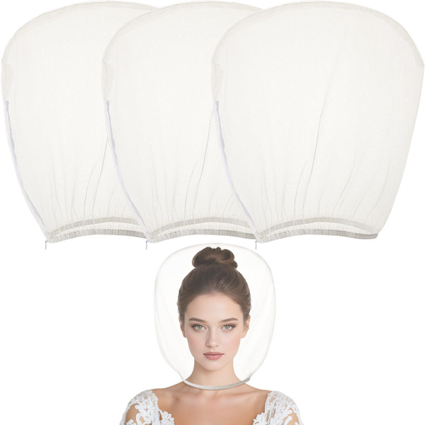 Oversized Makeup Protector Hood, Guards Hair & Makeup While Dressing, Nylon Chiffon, Reusable, Zip Closure, Machine Washable Beige, 3Pack