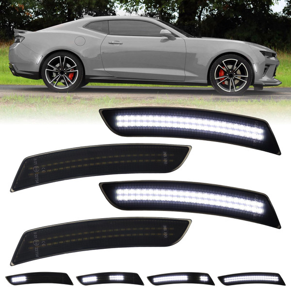 FetonAuto Dynamic White LED Side Marker Lights for Chevy Camaro 2016-2023 6th Gen LS LT SS RS ZL1, Smoked Lens Front Rear Bumper Marker Lamps 4PCS