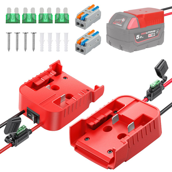 Vibit 2 Pack Power Wheel Adapter for Milwaukee M18 Battery with Switch, DC Power Adapter, 18 V Battery Adapter for RC Car Truck DIY & Robotics, Battery Conversion with Fuse Switch 12 AWG Wires