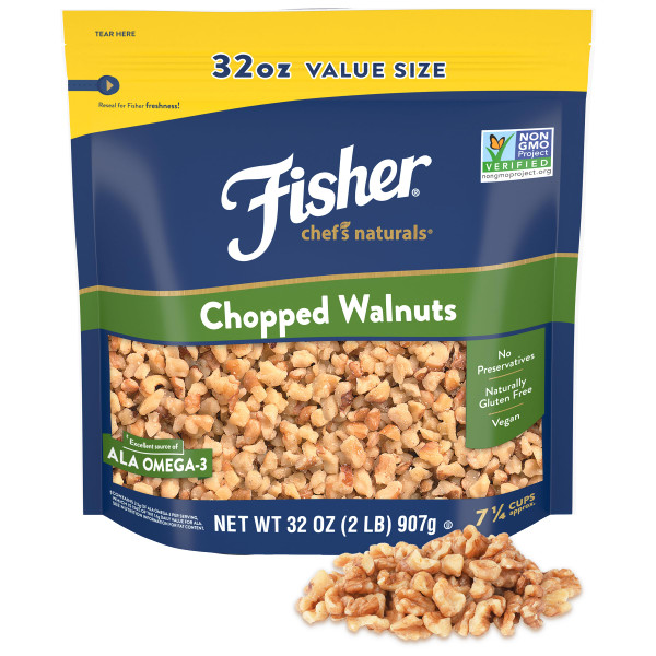 Fisher Chef's Naturals Chopped Walnuts 2 Lb, 100% California Unsalted Walnuts for Baking & Cooking, Healthy Snacks for Adults, Resealable Bag, Vegan Protein, Keto Snack, Chopped Nuts, Topping