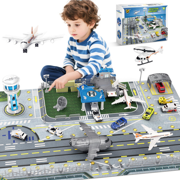 XDUOYJOY Airplane Toy Set with Trucks, Helicopter, Planes and Playmat, Airport Aviation Toys for Boys Girls, Great Gift for Birthday Christmas