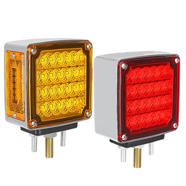 2Pcs Amber/Red Double Face Led Turn Signal Light with Stud Mount, Square 52 LED Trailer Fender Lights for Semi Trucks Heavy Truck Trailer