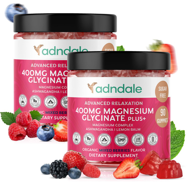 Adndale 180 CT Magnesium Glycinate Gummies 400 mg/Serv, with Ashwagandha, Magnesium Malate & Taurate, Sugar Free Chews for Adults & Kids.