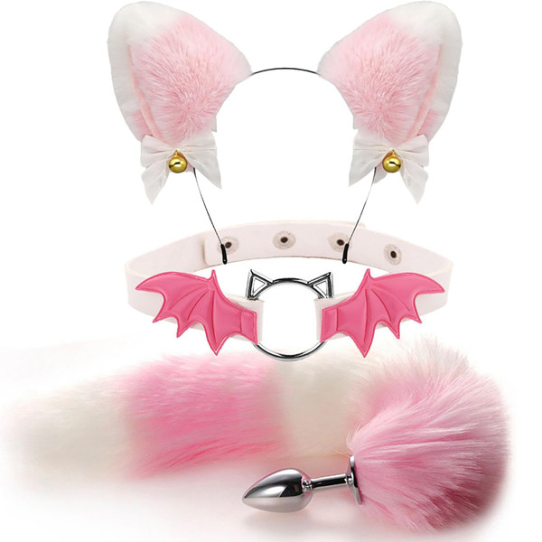 TJCGCKK Animal Cosplay Costume Furry Fox Tail Plug Cute Ears Headband Bat Style Neck Collar Set (Pink C)