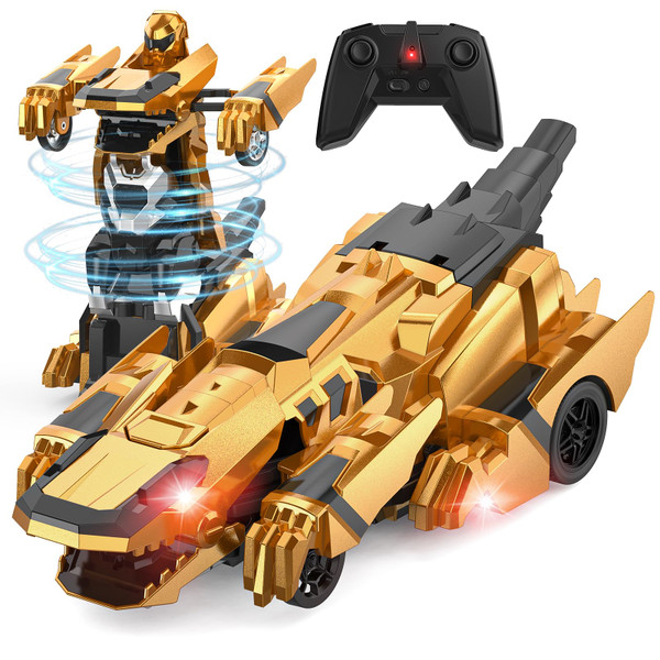 Kroyedfuw Dinosaur Transform Rc Cars, 2.4Ghz Remote Control Car Transforming Robot with Flashing Light, 360° Rotation One Button Deformation Car Toy Gifts for Boys Age 4-7 8-12