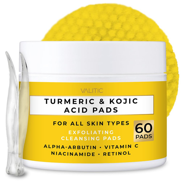 VALITIC Turmeric Kojic Acid Cleansing Pads - Exfoliating Dark Spot Remover for Face with Vitamin C, Alpha Arbutin, Niacinamide and Retinol - Kojic Acid And Turmeric Cleansing Pads - 60 Units