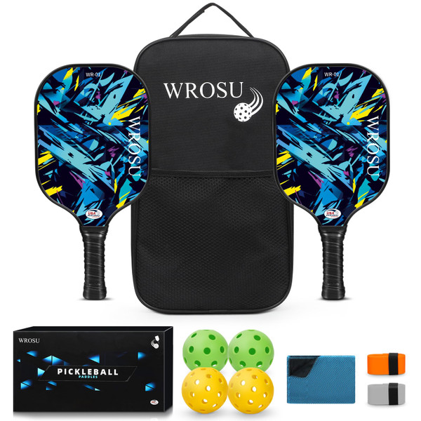 WROSU Pickleball Paddles Set of 2 Carbon Fiber | 2024 USAPA Approved Equipment w/Accessories | Core Carbon Fiber Pickleball Racquet Set | Have Traction and Stability | Set for Friends-Blue