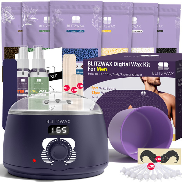 BLITZWAX Brazilian and Bikini Waxing Kit for Men, Hard Wax Warmer for Face, Legs, and Body, At Home Hair Removal Kit, Beginner Friendly, Quick Heating, 30 Nose Wax Sticks BLITZWAX Brazilian and Bikini Waxing Kit for Men, Hard Wax Warmer for Face, Legs, and Body, At Home Hair Removal Kit, Beginner Friendly, Quick Heating, 30 Nose Wax Sticks