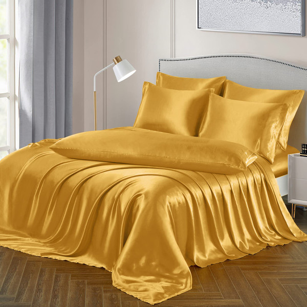 Ersmak 7 Pieces Satin Sheets Set Queen Size, Luxury Silky Gold Satin Bed Sheets Set with 1 Deep Pocket Fitted Sheet, 1 Soft Flat Sheet, 4 Queen Pillowcases and 1 Body Pillowcase