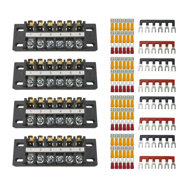 Kuinndoo High-Capacity Double Terminal Blocks – 4 Sets 6-Position Strips with Connectors & Jumpers for Electrical Wiring and Power Distribution