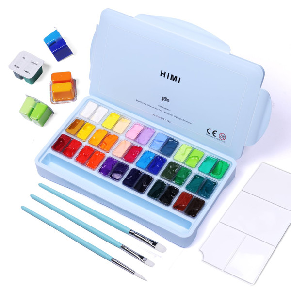 HIMI Gouache Paint Set, 36 Colors x 12ml Twin Jelly Cup Design with 3 Paint Brushes and a Palette in a Carrying Case Perfect for Artists, Students, Gouache Opaque Painting