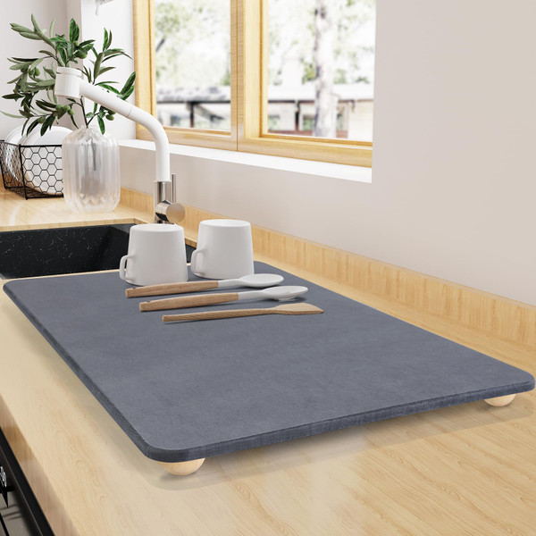 Large Stone Dish Drying Mat for Kitchen Counter, 24"×16" Quick Dry Super Absorbent Eco-Friendly Diatomaceous Earth Stone Mat with hemisphere wooden feet, Non-slip, Heat Resistant, Multi-purpose mats.