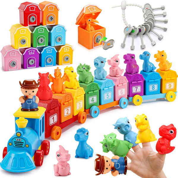 Toddler Montessori Learning Toys for 2 3 4 5 Year Old Boys, Kids Dinosaur Train Matching Toys with Locks & Keys | Counting & Sorting Trains Set, Preschool Toy Boy Girls Birthday Gifts Ages 2-4 3-5