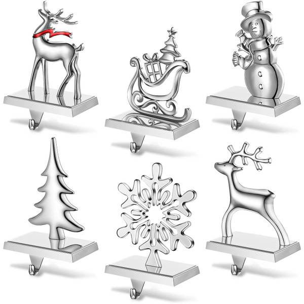 Jetec Set of 6 Christmas Stocking Holders for Mantle Silver Metal Snowflake Snowman Santa Reindeer Christmas Hooks Hangers for Mantel Fireplace Xmas Party and Home Decoration(Santa Claus)