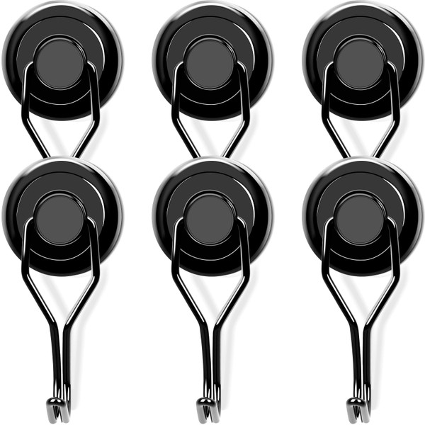MIKEDE 120 LBS Black Magnetic Hooks, 6 Pack Swivel Swing Magnet Hooks Heavy Duty, Strong Neodymium Magnets Hanger for Hanging, Grill, Cruise Cabins - 32mm(1.26in) in Diameter