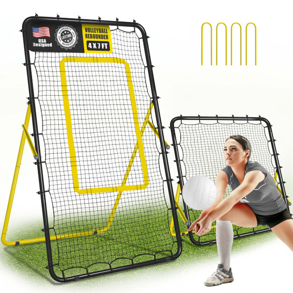 JOLORLY 2-in-1 Volleyball Rebounder Net System, Adjustable from 7x4 ft to 4x4.5 ft, 4-Angle Bounce Back Net, Training Equipment for Volleying, Bumping, Spiking Practice, Resists Twisting (Black)