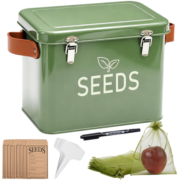 Candco Seed Storage Organizer, Metal Seed Saving Box with Leather Handles and Safety Locks, Seed Packet Container with 10 Fruits Protection Bags, 30 Plant Labels, 20 Seed Envelopes, 1 Marker Pen