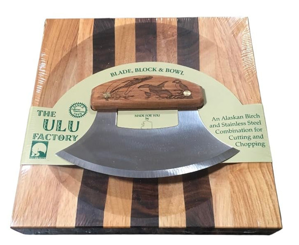 Alaskan Birch Wood Ulu Mezzaluna Knife and Bowl Set Ocean Collage Humpback Puffin Orca Whale