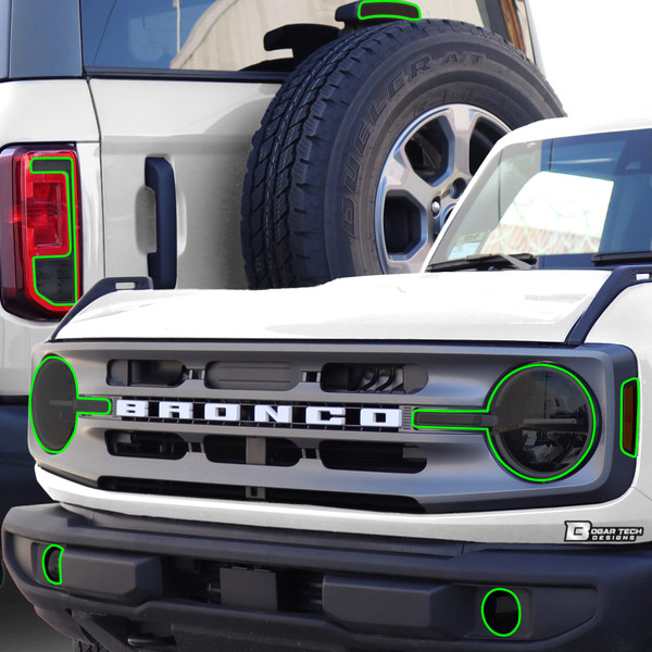 BOGAR TECH DESIGNS Precut For Ford Bronco 2021-2024 Complete Headlight Fog Reverse 3rd Brake Light Precut Overlay Tint Kit with Tools, Dark Smoke