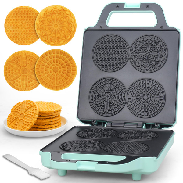 Baker’s Friend Pizzelle Maker Electric, 4 X 3.5” Pizzelle Waffle Cookies for Christmas Baking Supplies, Stroopwafel Iron, Cookie Maker Machine with Pattern, Thin Waffle Maker, Aqua