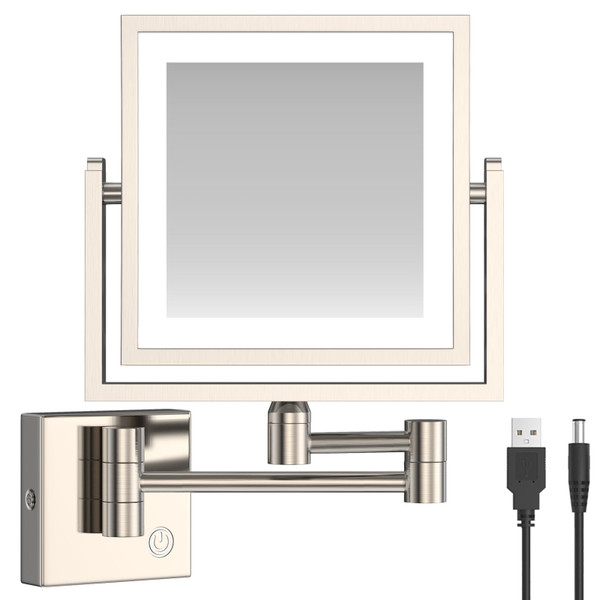 RECKODOR 8" Rechargeable Battery Operated Square Wall Makeup Mirror with Light and no Plug, Double-Sided Lighted Magnifying Vanity Mirror Wall Mount for Bathroom, USB Charging, Brushed Nickel