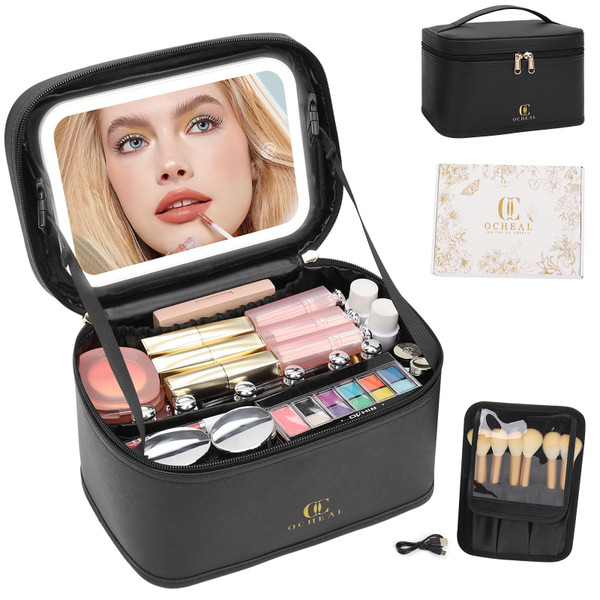 OCHEAL Makeup Bag With LED Mirror, Travel Makeup Bag With 3 Color Setting Light Up Mirror Cosmetic Makeup Organizer Vanity Case for Women Beauty Tools Accessories Rechargeable Makeup Travel Bag-Black