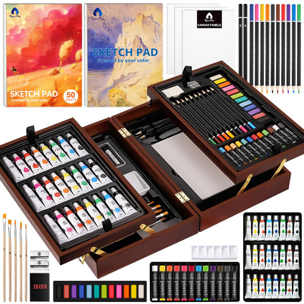 VigorFun Art Supplies, Deluxe Wooden Art Set Crafts Drawing Painting Kit with 2 Sketch Pads, Oil Pastels, Acrylic, Watercolor Paints, Creative Gifts Box for Adults Artist Kids Teens Girls