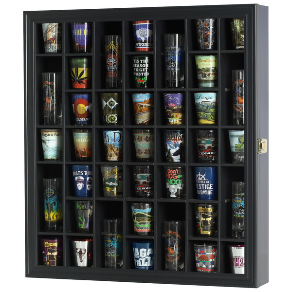 41 Shot Glass Display Case Holder Bar Collection Cabinet Wall Rack Shadow Box with Door Black