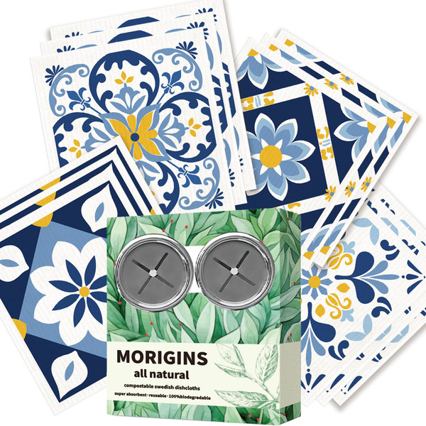 Morigins 12 Pack Swedish Dishcloths with 2 Push Towel Hooks - Reusable Paper Towel Wash Cloths, Microfiber Kitchen Towels,Non Scratch Wire Dishcloth - Blue Set