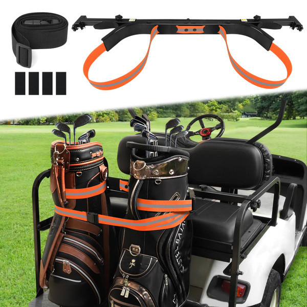 Golf Cart Bag Holder Bracket for 2+2 Seater Rear Seat, Compatible with EZGO, Club Car, Yamaha Golf Carts, 1 inch Sqaure Strut, No Drilling Golf Cart Rear Bag Holder Adjustable Orange