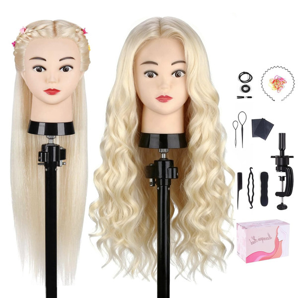Mannequin Head with 80% Real Hair, TopDirect 24" Blonde Hair Styling Hairdressing Cosmetology Mannequin Manikin Training Practice Head with Clamp and Tools