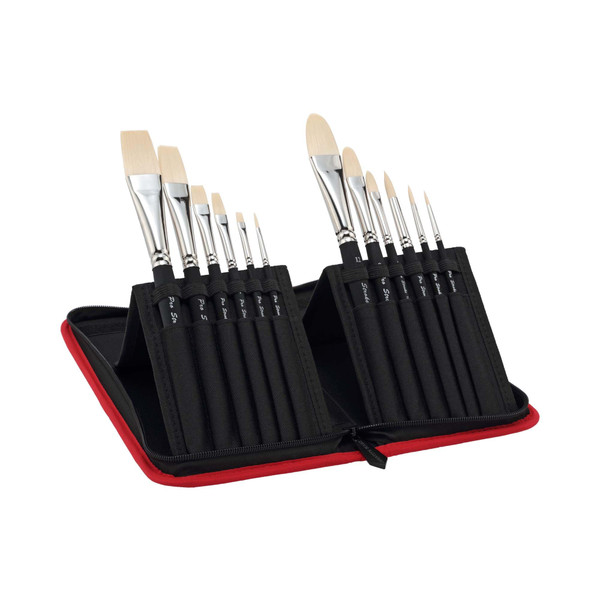 Creative Mark Powercryl Ultimate Acrylic Paint Brushes Set of 12 - Short Handle Artist Paint Brushes with Zippered Easel Carrying Case - Assorted Round, Bright, Flat and Filbert